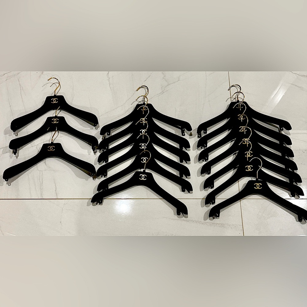 CHANEL CC gold metal logo black velvet velour clothing closet hanger